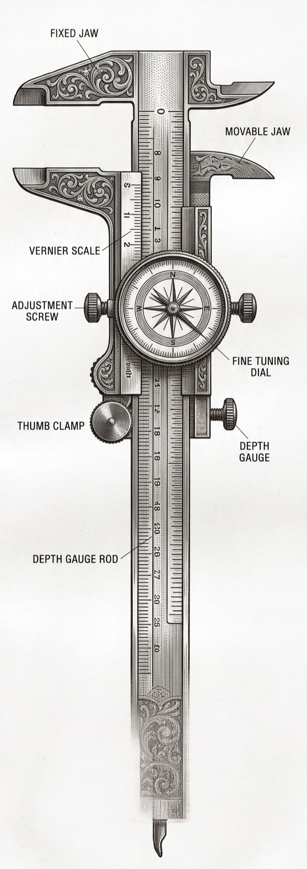 Engraved illustration of a precision caliper